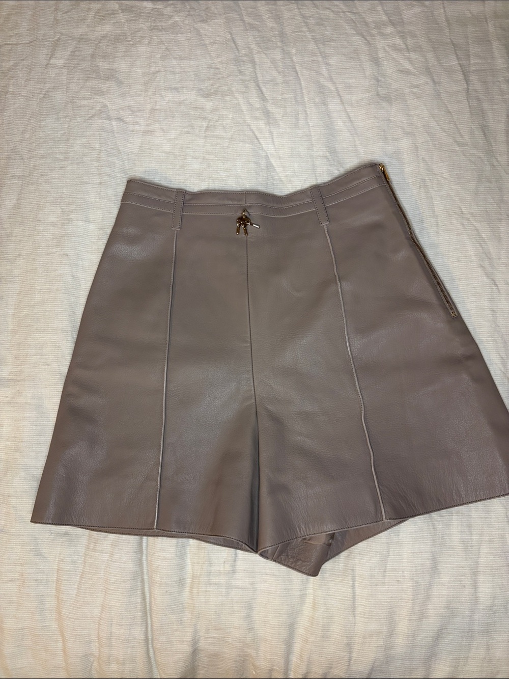 Hermes High-Waist Leather Shorts in Taupe
